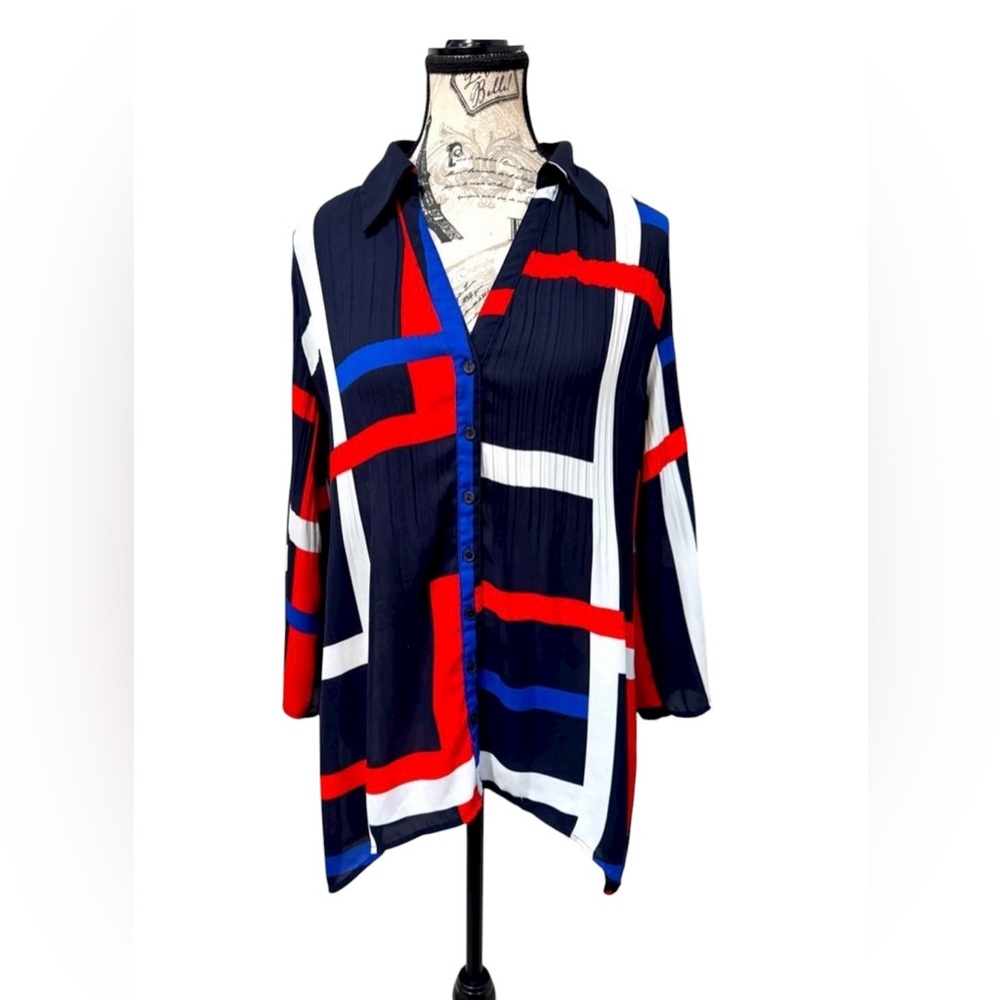 Valerie Stevens Red, White, Blue Patriotic Oversized Button Down Shirt Size Med